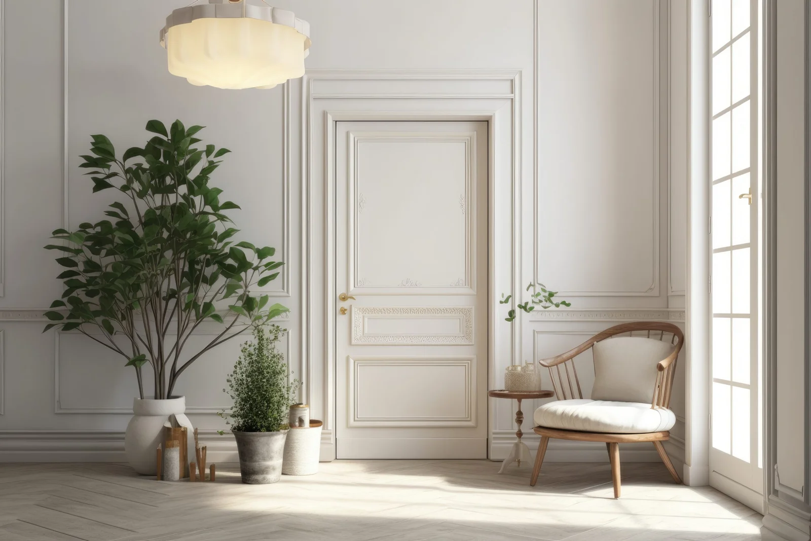 Elegant illuminated front door at dusk